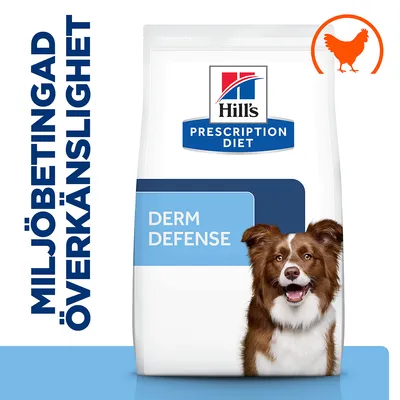 Hill's Prescription Diet Derm Defense hundfoderförpackning, text: 'MILJÖBETINGAD ÖVERKÄNSLIGHET', kycklingsymbol synlig uppe till höger.