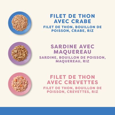 Trois variétés : Filet de thon avec crabe, sardine avec maquereau, filet de thon avec crevettes. Ingrédients : filet de thon, bouillon de poisson, crabe/maquereau/crevettes, riz.