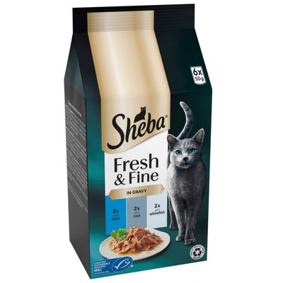 Sheba Fresh & Fine in Sauce, 6x50g. 2x tuna, 4x salmon. 100% recyclable paper. MSC certified for sustainable seafood.