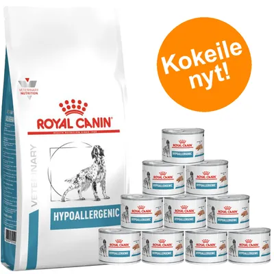 Royal Canin Hypoallergenic -kuivaruokapussi ja 10 Royal Canin Hypoallergenic -märkäruokapurkkia. Oranssi ympyrä, jossa teksti: Kokeile nyt!