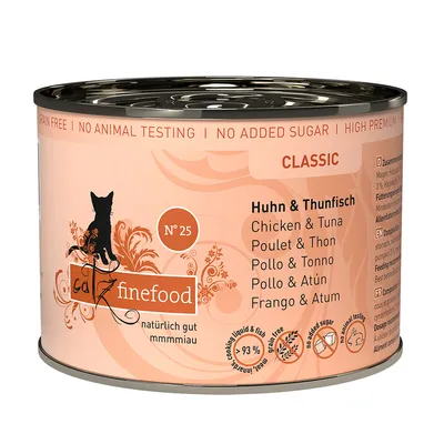 Catz finefood Classic No. 25 tin, chicken and tuna flavour, grain free, no animal testing, no added sugar, 93% cooking liquid and fish, essential product details visible on label.