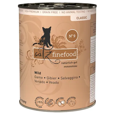Catz Finefood Classic Nr. 9, dziczyzna. Wysokiej jakości karma dla kotów: bez zbóż, bez dodatku cukru, bez testów na zwierzętach. 93% mięsa w wywarze. Wyprodukowano w Niemczech.