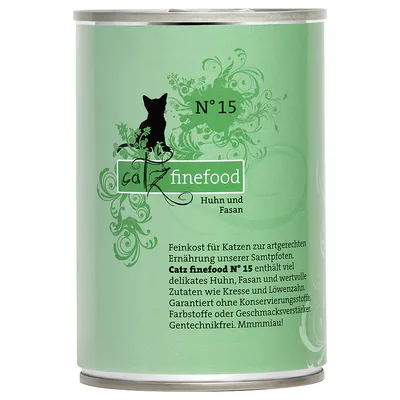 Catz finefood N° 15 Huhn und Fasan. Tekst na njemačkom: delikatesa za mačke s piletinom, fazanom, bez konzervansa, bojila i pojačivača okusa, bez GMO.