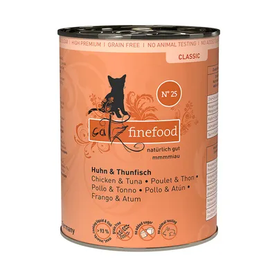 Catz finefood Classic No. 25, chicken and tuna flavour. High premium, grain free, no animal testing, no added sugar. Multilingual product label with ingredient icons.