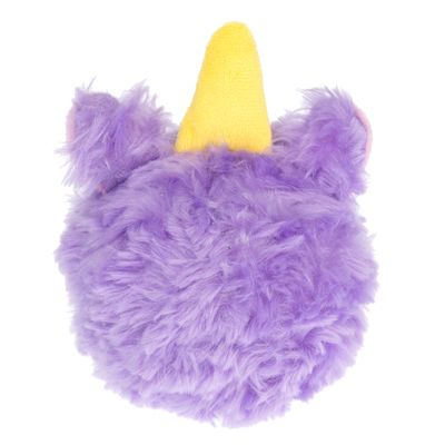 Jouet pour animal en peluche violette avec deux oreilles et une corne jaune, matière duveteuse visible.