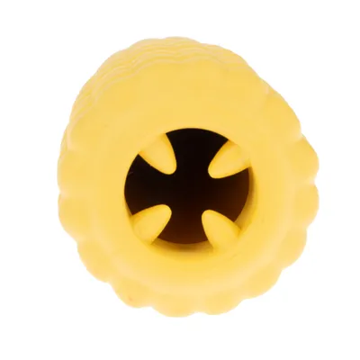 Giocattolo giallo in gomma con aperture a forma di dente, adatto per inserire snack o per intrattenimento.