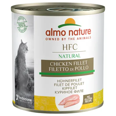 Konzerva almo nature HFC Natural Chicken Fillet, nápisy: OWNED BY THE ANIMALS, 100% PROFITS TO NATURE, filetto di pollo, bezlepková receptura, obrázek kuřecího masa, fondazione Capellino.