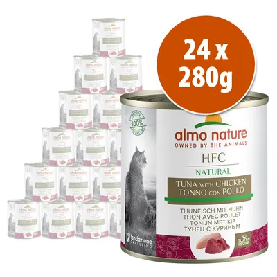 24 latas de 280 g cada uma de Almo Nature HFC Natural Tuna with Chicken. Texto visível: 100% natural, no gluten recipe, fondazione Capellino.