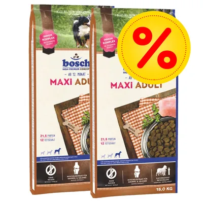 Dva pytle Bosch Maxi Adult, 15,0 kg, viditelné texty: 21,5 % protein, 12 % tuk, bez pšenice, extrakt z mušlí, sleva označená symbolem %.