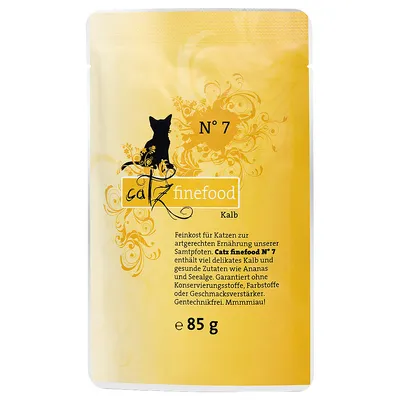 Catz finefood N°7 veal, gourmet food for cats with veal, pineapple and seaweed. Free from preservatives, colourings and flavour enhancers. GMO-free. 85 g. Catz finefood N°7 veal, gourmet food for cats with veal, pineapple and seaweed. Free from preservatives, colourings and flavour enhancers. GMO-free. 85 g.