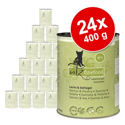 Catz Finefood mokré krmivo, varianta losos a drůbež, balení 24 konzerv po 400 g. Bez cukru, bez testování na zvířatech.