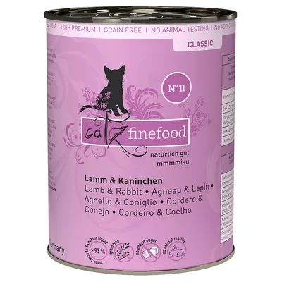 Boîte catz finefood N°11 Classic, agneau et lapin. Sans céréales, sans tests sur animaux, sans sucre ajouté. 93 % viande et bouillon de cuisson. Texte multilingue visible sur l’étiquette.