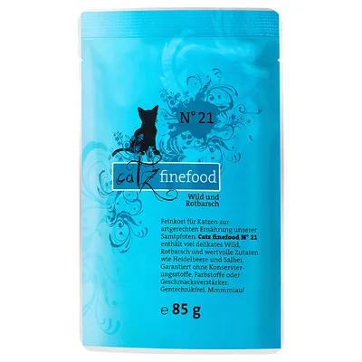 Catz finefood N° 21 Wild und Rotbarsch, 85 g. Tekst på tysk: indeholder vildt, rødfisk, blåbær og salvie. Uden konserveringsstoffer, farvestoffer eller smagsforstærkere. Gentechnikfrei.