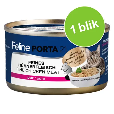Feline Porta 21 kattenvoer, fijn kippenvlees, pur/pure. Zonder toegevoegde suikers. 1 blik. Afbeelding van kat en kom met vlees op het etiket. Feline Porta 21 kattenvoer, fijn kippenvlees, pur/pure. Zonder toegevoegde suikers. 1 blik. Afbeelding van kat en kom met vlees op het etiket.