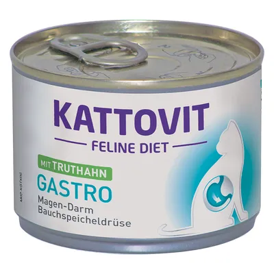 Lata de comida para gatos Kattovit Feline Diet Gastro, con texto visible: mit Truthahn, Magen-Darm, Bauchspeicheldrüse. Imagen de un gato en el envase.