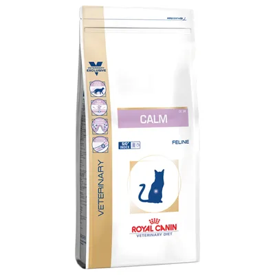 Royal Canin Veterinary Diet Calm Feline kuivaruoka kissoille, SO-indeksi, pakkaus violetilla ja kultaisilla yksityiskohdilla.