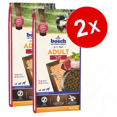 Lot de 2 sacs Bosch Adult mit Lamm & Reis, 15 kg chacun. Texte visible : 21,5 % protéines, 10,5 % matières grasses, sans blé, extrait musculaire, alimentation équilibrée pour chiens adultes.