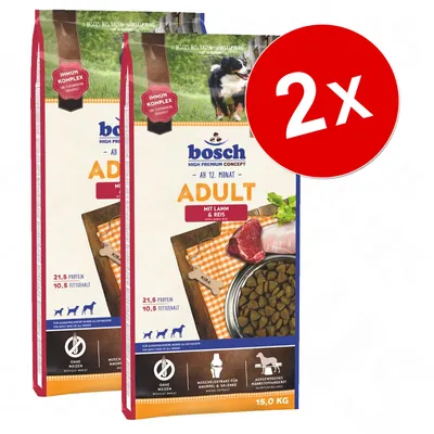 Lot de 2 sacs Bosch Adult mit Lamm & Reis, 15 kg chacun. Texte visible : 21,5 % protéines, 10,5 % matières grasses, sans blé, extrait musculaire, alimentation équilibrée pour chiens adultes. Lot de 2 sacs Bosch Adult mit Lamm & Reis, 15 kg chacun. Texte visible : 21,5 % protéines, 10,5 % matières grasses, sans blé, extrait musculaire, alimentation équilibrée pour chiens adultes.