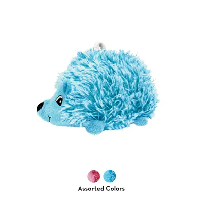 Jouet hérisson en peluche, coloris bleu visible, mention « Assorted Colors » avec pastilles rose et bleu indiquant plusieurs couleurs disponibles.