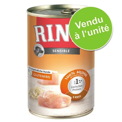 Rinti Sensible, conserve pour chien, 100 % poulet, sans gluten, avec riz, vendu à l’unité. Texte en allemand : nur 1 tierisches Protein.