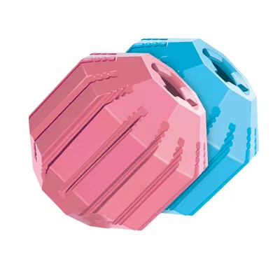 Two plastic play balls, one pink and one blue, with textured surfaces and openings.
