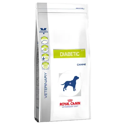 Royal Canin Veterinary Diet Diabetic suha hrana za pse. Embalaža z imenom izdelka, simbolom psa in ikonami za lastnosti: nizka vsebnost maščob, visoka vsebnost beljakovin.
