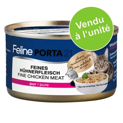 Feline Porta 21, feines Hühnerfleisch, fine chicken meat, pur/pure, sans sucres ajoutés, vendu à l’unité. Image d’une boîte avec un chat et un bol de viande. Feline Porta 21, feines Hühnerfleisch, fine chicken meat, pur/pure, sans sucres ajoutés, vendu à l’unité. Image d’une boîte avec un chat et un bol de viande.