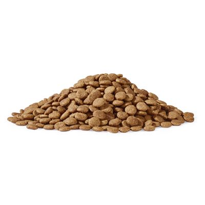 Куча коричневых сухих крокетов, круглой и плоской формы.