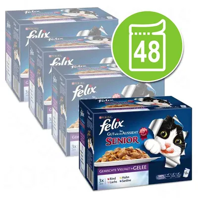 Опаковки Felix Senior смесени вкусове в желе, видими са 4 кутии с изображение на котка и надпис „48“ в зелен кръг, Purina Felix Senior, 12+ години.