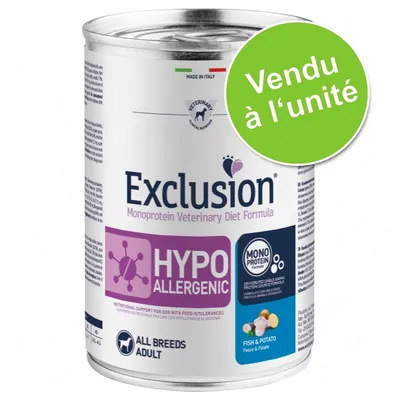 Exclusion Monoprotein Veterinary Diet Formula HYPOALLERGENIC, vendu à l'unité, poisson & pomme de terre, pour chien adulte toutes races. Texte en anglais visible sur l’étiquette.