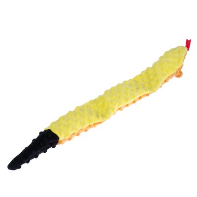 Gult, avlångt plyschleksak med svart spets och rött band i änden. Strukturerad yta för interaktiv lek.