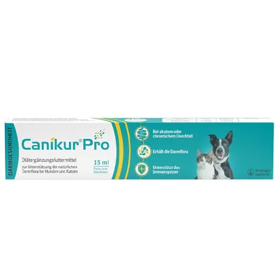 Canikur Pro, Diätergänzungsfuttermittel für Hunde und Katzen, 15 ml Paste. Unterstützt Darmflora, Immunssystem und bei akutem oder chronischem Durchfall. Hersteller: Boehringer Ingelheim.