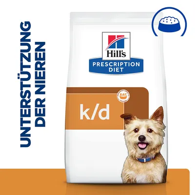 Hill's Prescription Diet k/d dog food, kidney support, Advanced Appetite Trigger.