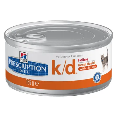 Hill's Prescription Diet k/d Feline Renal Health with Chicken, 156 g burk. Text: Veterinary Exclusive, bild på katt, blått sigill med texten Clinical Nutrition.