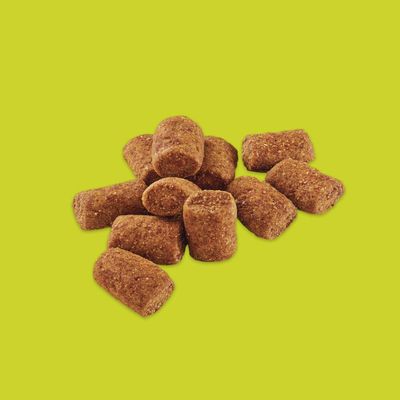 Brown, cylindrical dry food pieces on a green background.