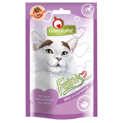 GranataPet Feinis Snack Wild & Cranberry macska snack csomagolás, felirat: Mit Taurin, Granatapfelkernen und Lachsöl, Ohne Getreide, Hergestellt in Österreich