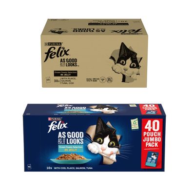 Box showing Felix As Good As It Looks Ocean Feasts Selection in Jelly, 30 packs with plaice, salmon, tuna, cod. 100% complete and balanced, contains vitamins A, D, E.