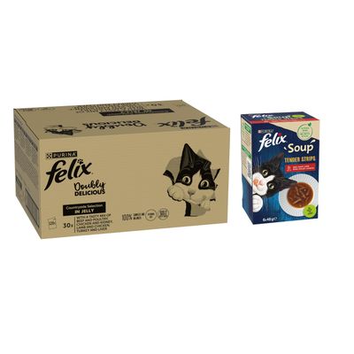 Felix As Good As It Looks Wet Cat Food + 48x85g Felix Wet Cat Food Free! * -  Doubly Delicious Countryside Selection in Jelly (120 x 85g) + Soup Time Tender Strips Farm Selection (48 x 48g)
