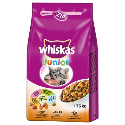 whiskas Junior tørfoder til kat, billede af killing og foderpiller, 1.75 kg, med Huhn 100 %, mineralstoffer, farvede piller, ZIP-lukning synlig på posen