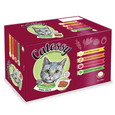 Catessy Häppchen in Gelee Groenten-allerlei, 12x100g. 3x kip & eiergelei, 3x eend & wortelgelei, 3x rund & tomatengelei, 3x zalm & spinaziegelei. Zonder suiker toegevoegd.