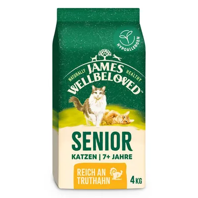 James Wellbeloved Senior Katzen 7+ Jahre, reich an Truthahn, hypoallergen, sac de 4 kg pour chats, texte en allemand visible sur l’emballage