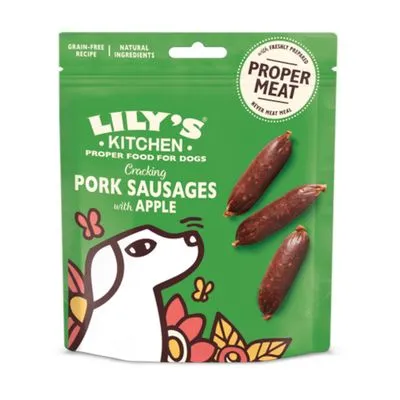 LILY'S KITCHEN Proper Food for Dogs Cracking Pork Sausages with Apple, PROPER MEAT, Grain-Free Recipe, Natural Ingredients. Afbeelding van drie worstjes op de verpakking.