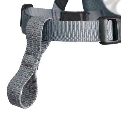 Gros plan sur une sangle en nylon gris avec boucle en plastique noir, partie d’un harnais pour animal. Aucun logo ou texte visible.