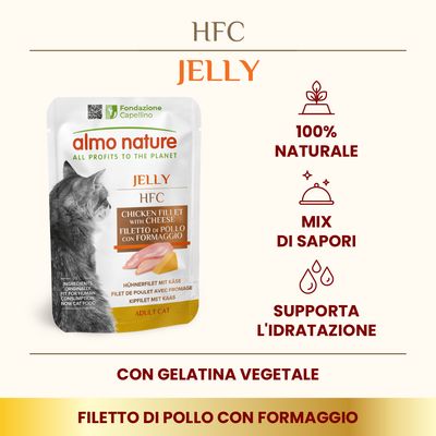 Almo Nature HFC Jelly Multipack, 6x55g. Varietà con tonno: 2x tonno, 2x tonno con sogliola, 2x tonno con pesce bianco. Per gatti adulti.