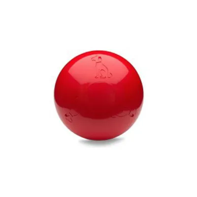 Balle rouge en plastique avec motifs de chien en relief visibles sur la surface. Aucun texte ou marque apparente.