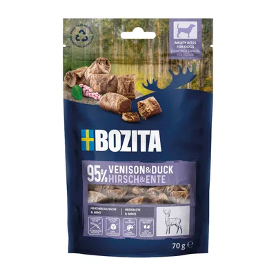 Bozita masové snacky pro psy, 95 % jelen a kachna, s vřesem a mátou, bez umělých barviv, recyklovatelný obal, 70 g.