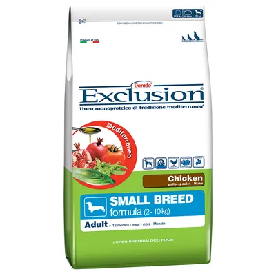 Exclusion Small Breed formula (2–10 kg) Adult >12 months, pui. Linie mediteraneană. Produs în Italia. Ambalaj 12,5 kg. Pentru câini de talie mică adulți, text în engleză/italiană.