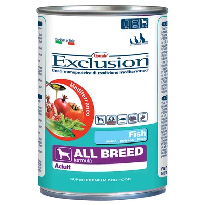 Exclusion Mediterraneo Fish All Breed Adult, våtfoder för hund. Text: super premium dog food, pesce-poisson-fisch. Bild på grönsaker och fisk. Produkt av Italien.