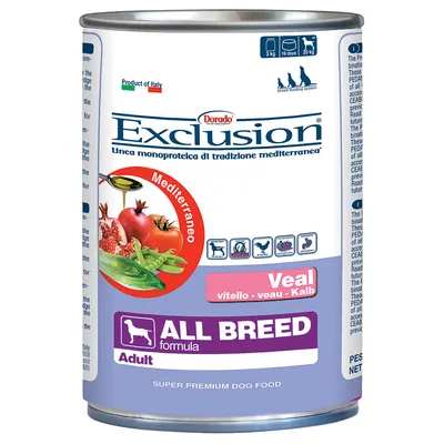 Кутия Exclusion Mediterraneo Veal, ALL BREED formula Adult, супер премиум храна за кучета. Видимо: телешко, икони за породи, текст на английски и италиански.