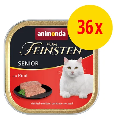 animonda vom Feinsten Senior mit Rind, 36x. Na obalu bílá kočka a porce masové paštiky. Text: with Beef – met Rund – con Manzo – avec boeuf.